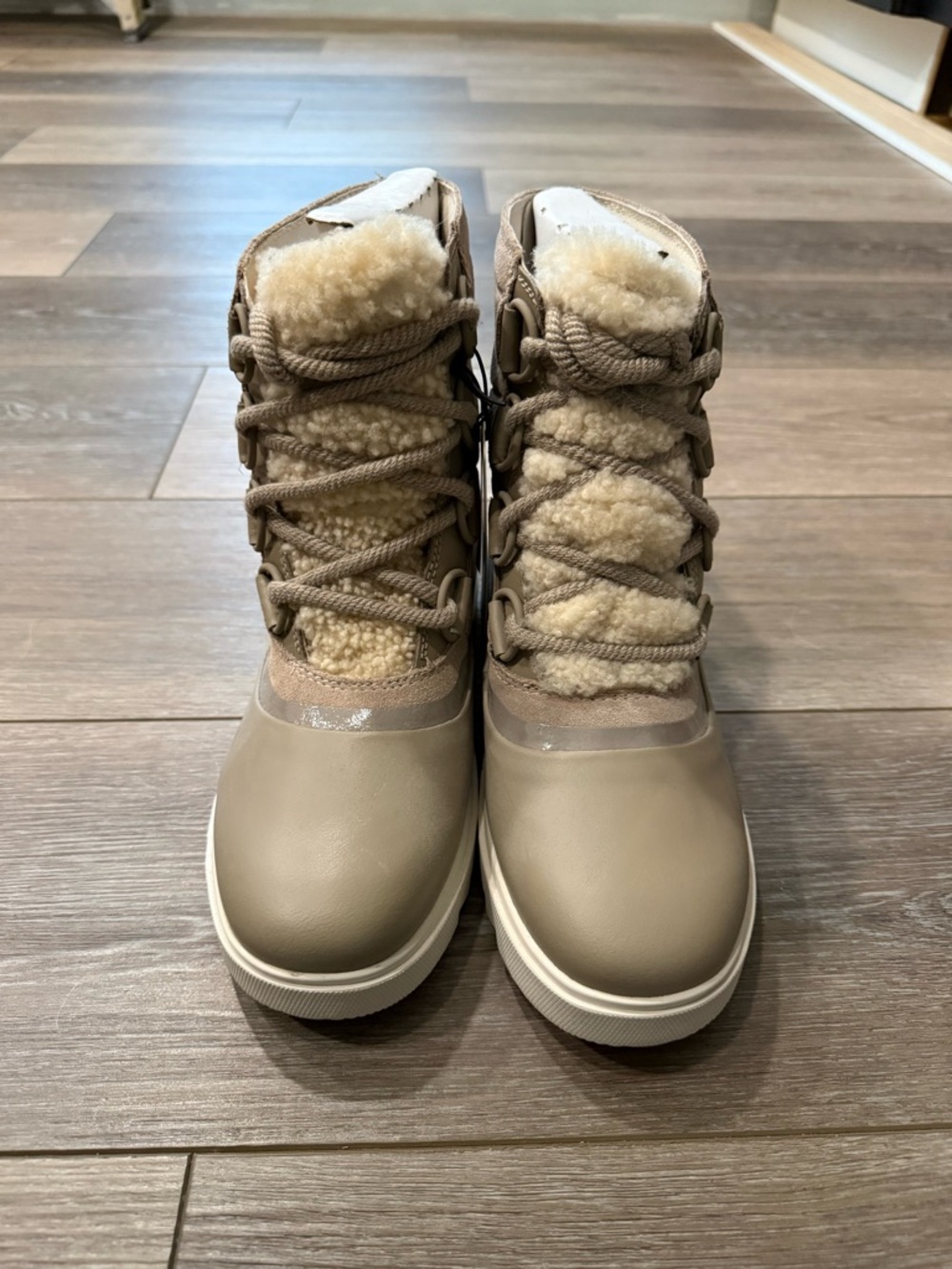 Sorel Taupe and Cream Sherpa-Lined Lace-Up Winter Boots